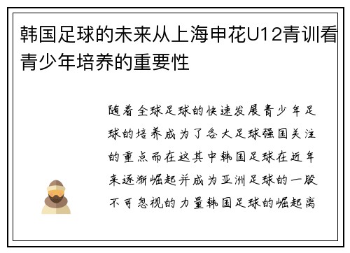 韩国足球的未来从上海申花U12青训看青少年培养的重要性