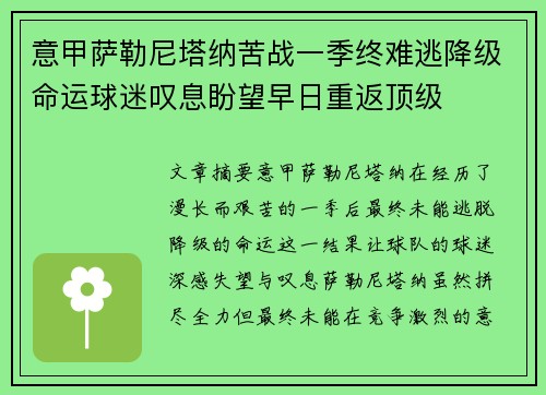 意甲萨勒尼塔纳苦战一季终难逃降级命运球迷叹息盼望早日重返顶级
